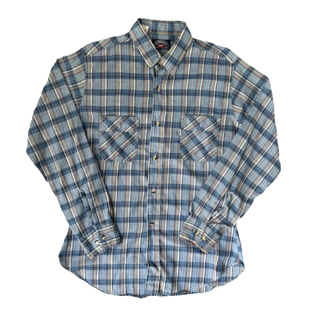 VTG Levis Shirt Mens Large Blue Plaid Cotton Long Sleeve Pockets Button-Up